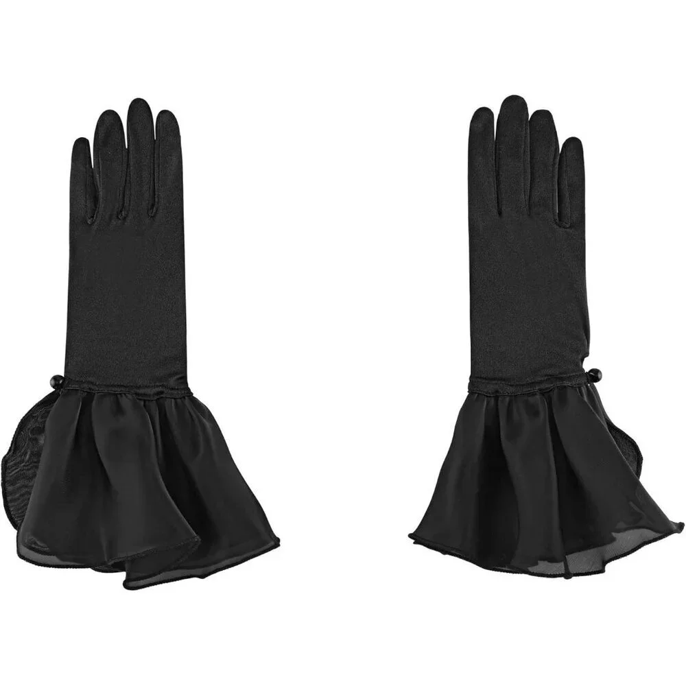 Women's Black Formal Dancing Cosplay Satin Petal Opera Bridal Wedding Gloves